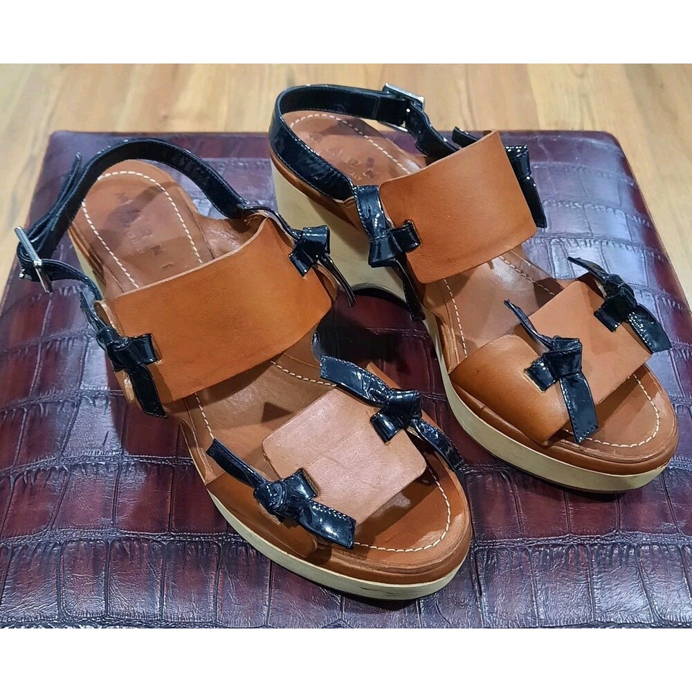 MARNI Amber Brown + Black Bow Wooden Platform Wedge Sandals 40 IT / 10 US XLNT - Picture 3 of 7